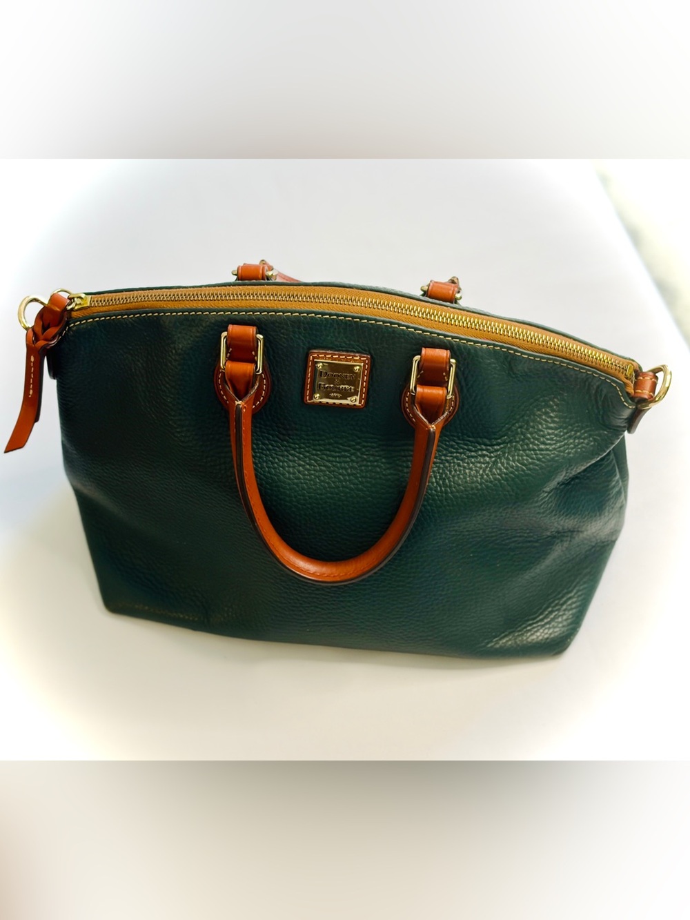 Dooney & Bourke Dillen Green Pebbled Leather Satchel with Brown Trim